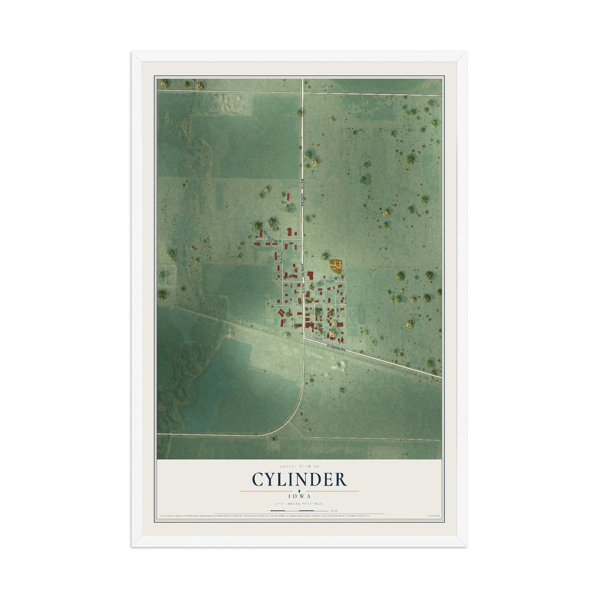 Map of Cylinder, Iowa, 12 x 18 inch print in a white wood frame