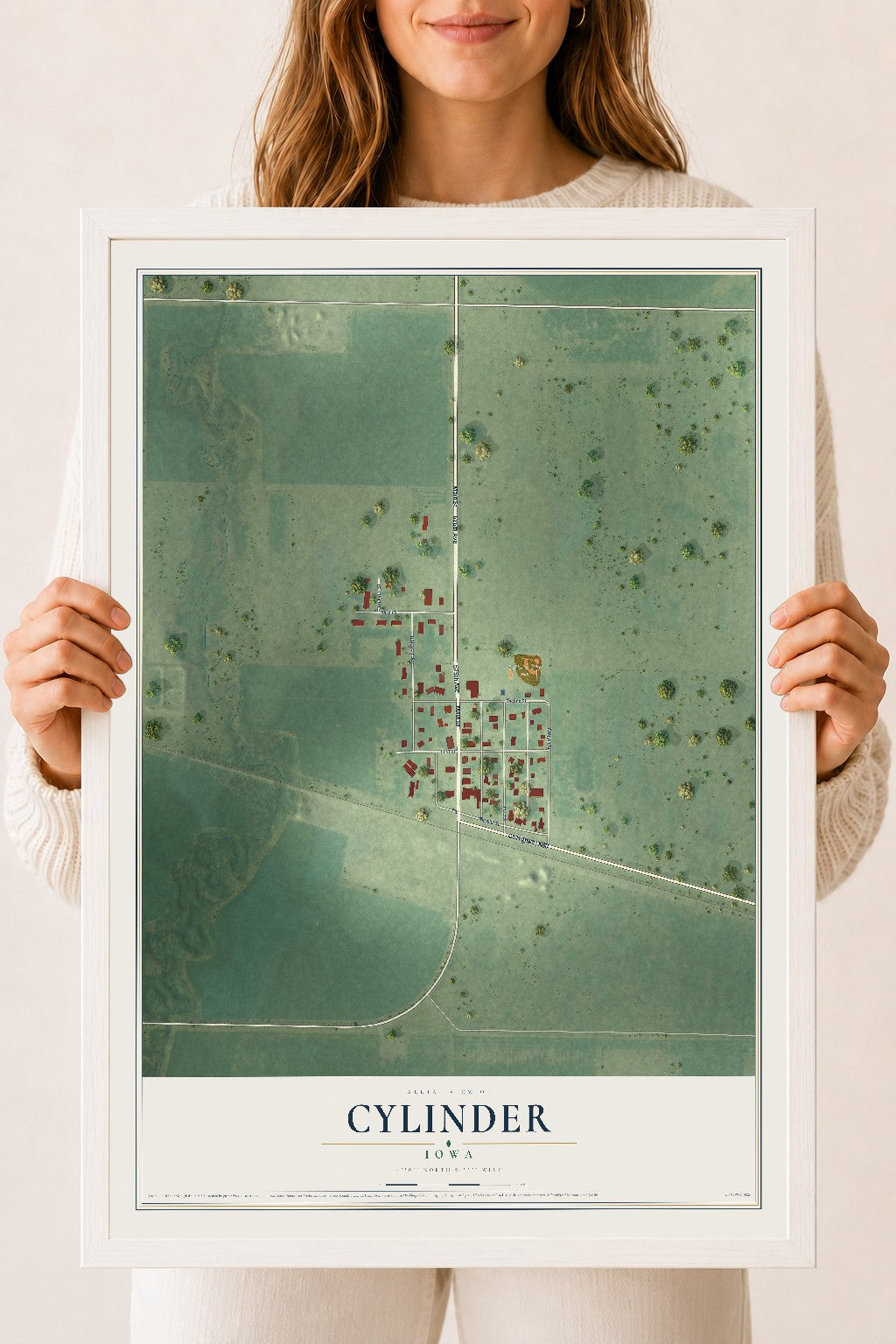 Map of Cylinder, Iowa, 18 x 24 inch print in a white wood frame