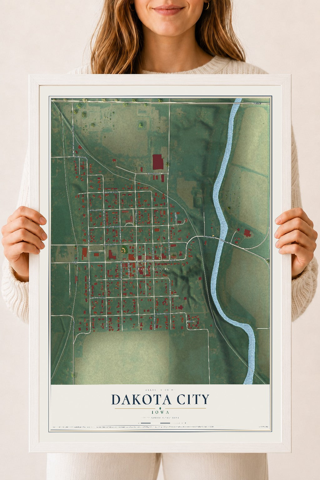 Map of Dakota City, Iowa, 18 x 24 inch print in a white wood frame