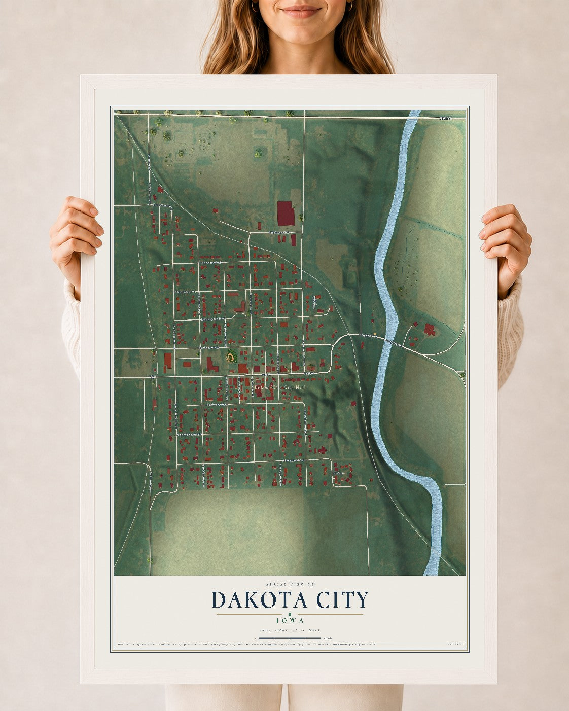 Map of Dakota City, Iowa, 24 x 36 inch print in a white wood frame
