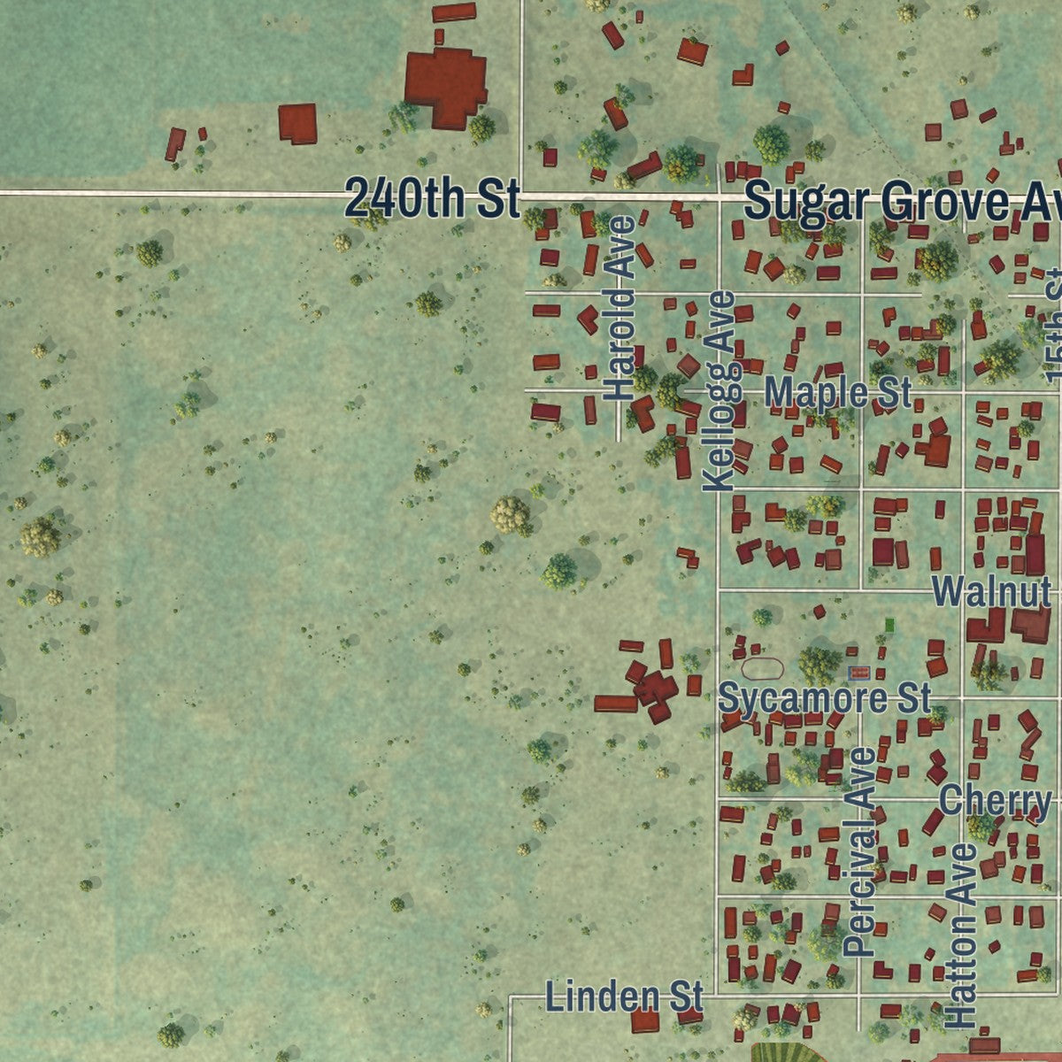 Close-up of the map of Dallas Center, Iowa print showing street and building detail