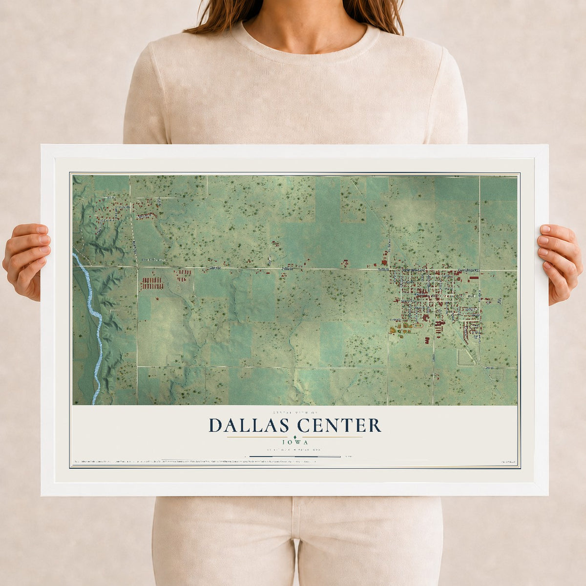 Map of Dallas Center, Iowa, 12 x 18 inch print in a white wood frame