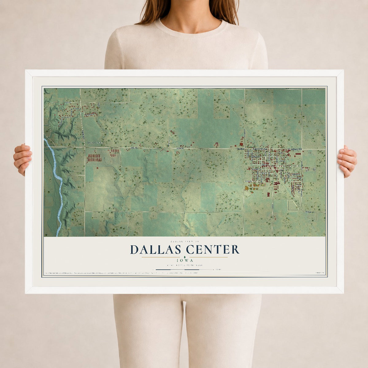 Map of Dallas Center, Iowa, 24 x 36 inch print in a white wood frame