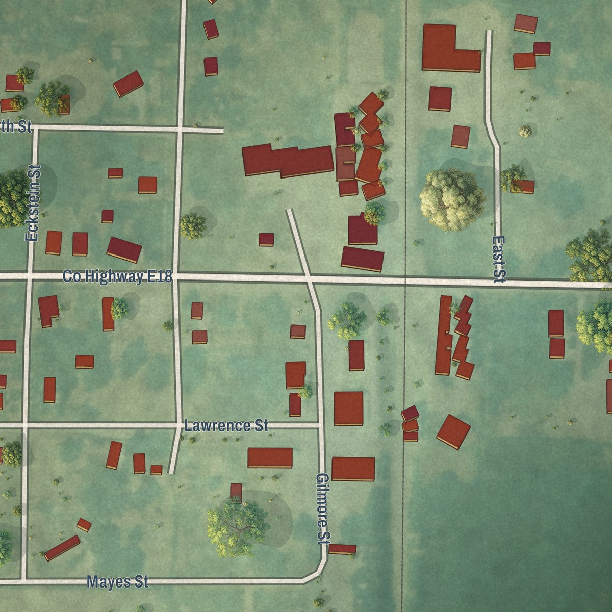 Close-up of the map of Dana, Iowa print showing street and building detail
