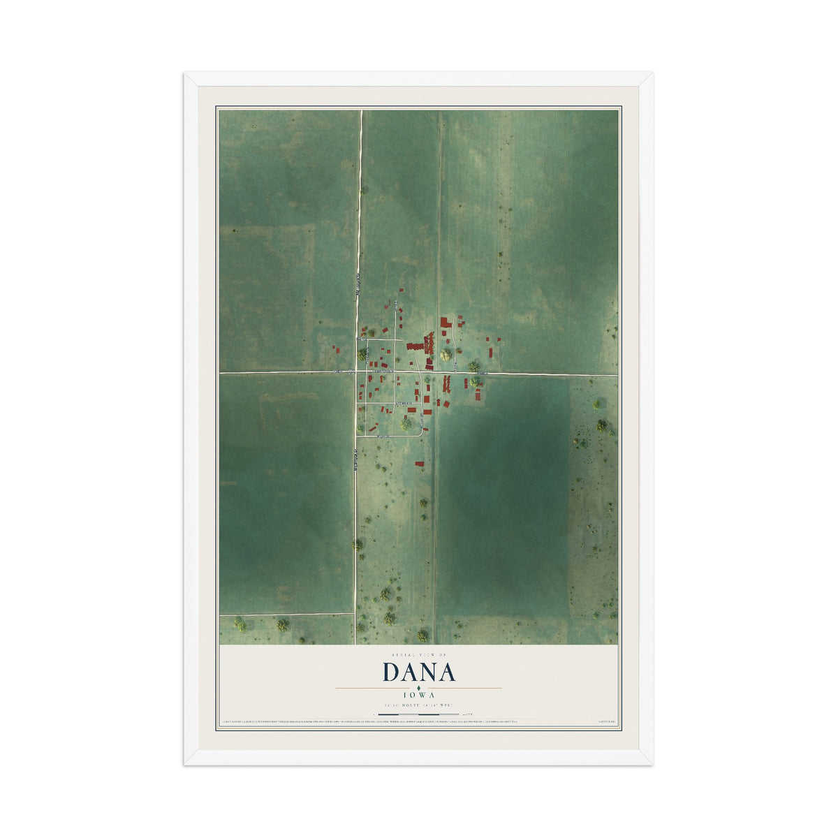 Map of Dana, Iowa, 12 x 18 inch print in a white wood frame