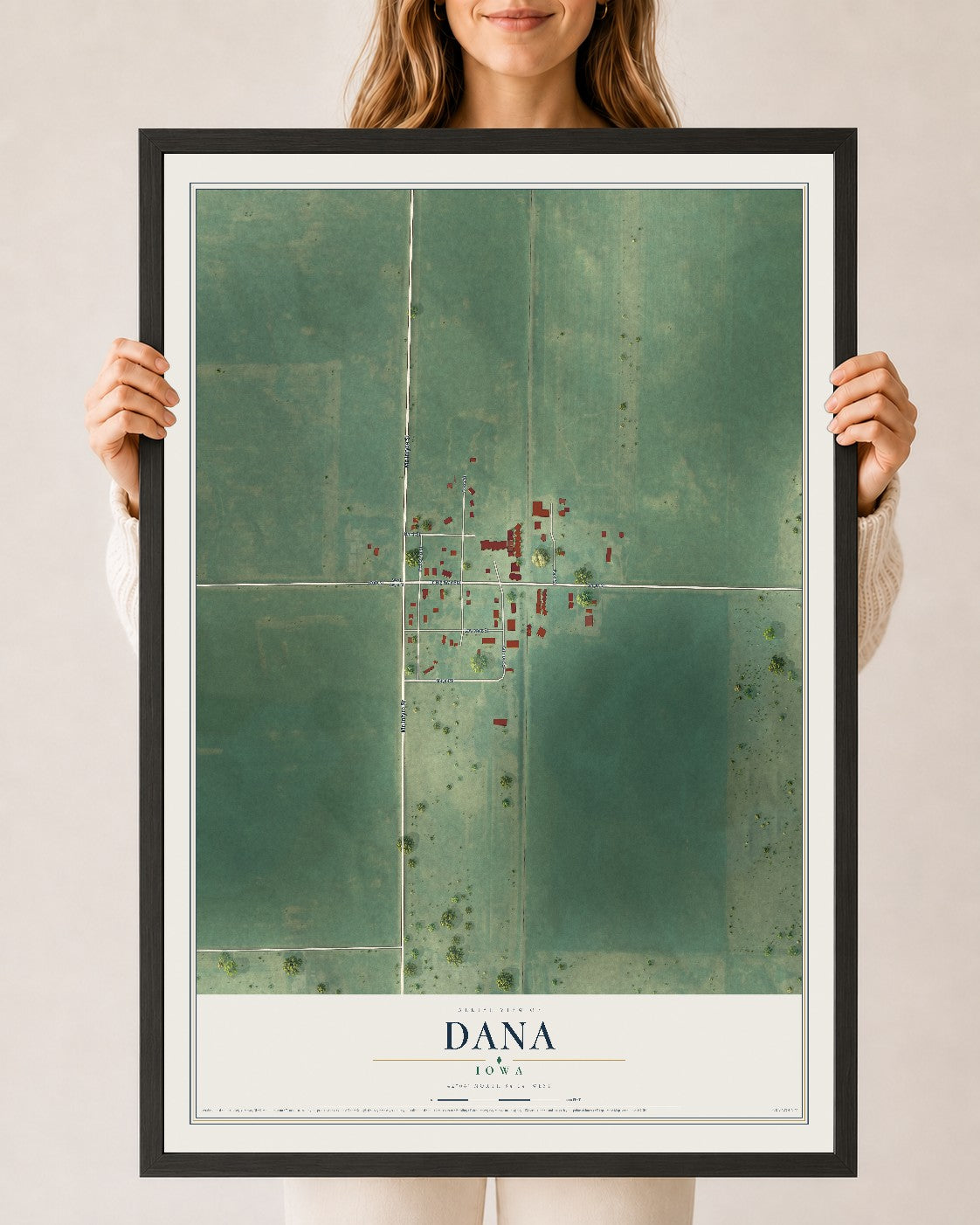 Map of Dana, Iowa, 24 x 36 inch print in a black wood frame