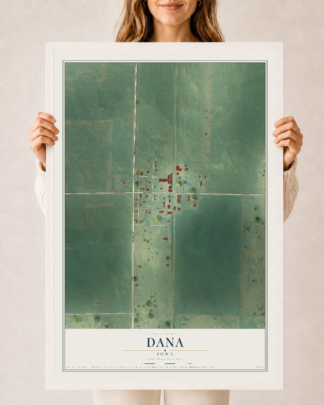 Map of Dana, Iowa, 24 x 36 inch print in a white wood frame