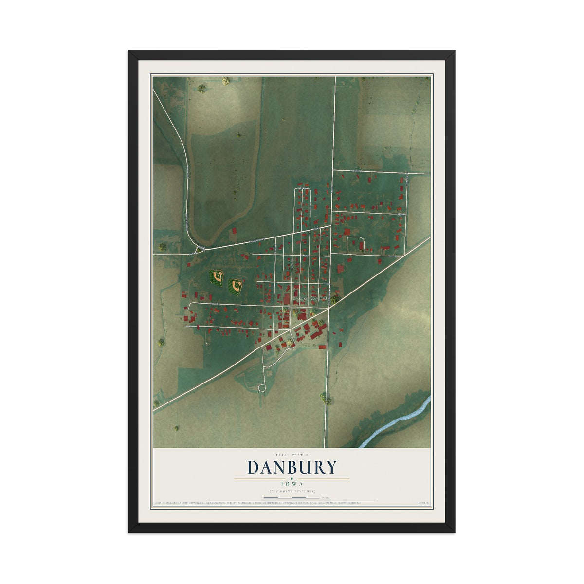 Map of Danbury, Iowa, 12 x 18 inch print in a black wood frame