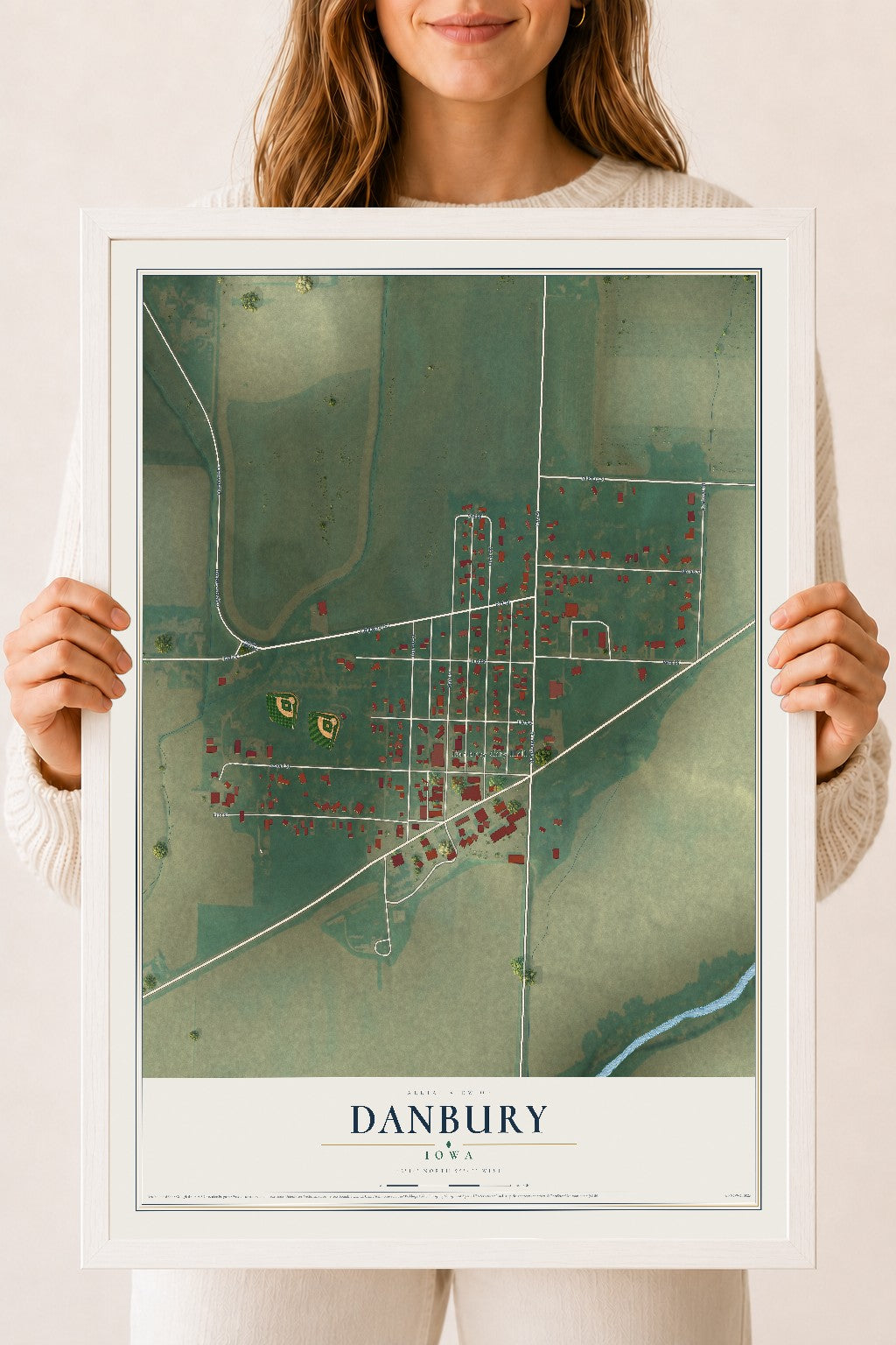 Map of Danbury, Iowa, 18 x 24 inch print in a white wood frame