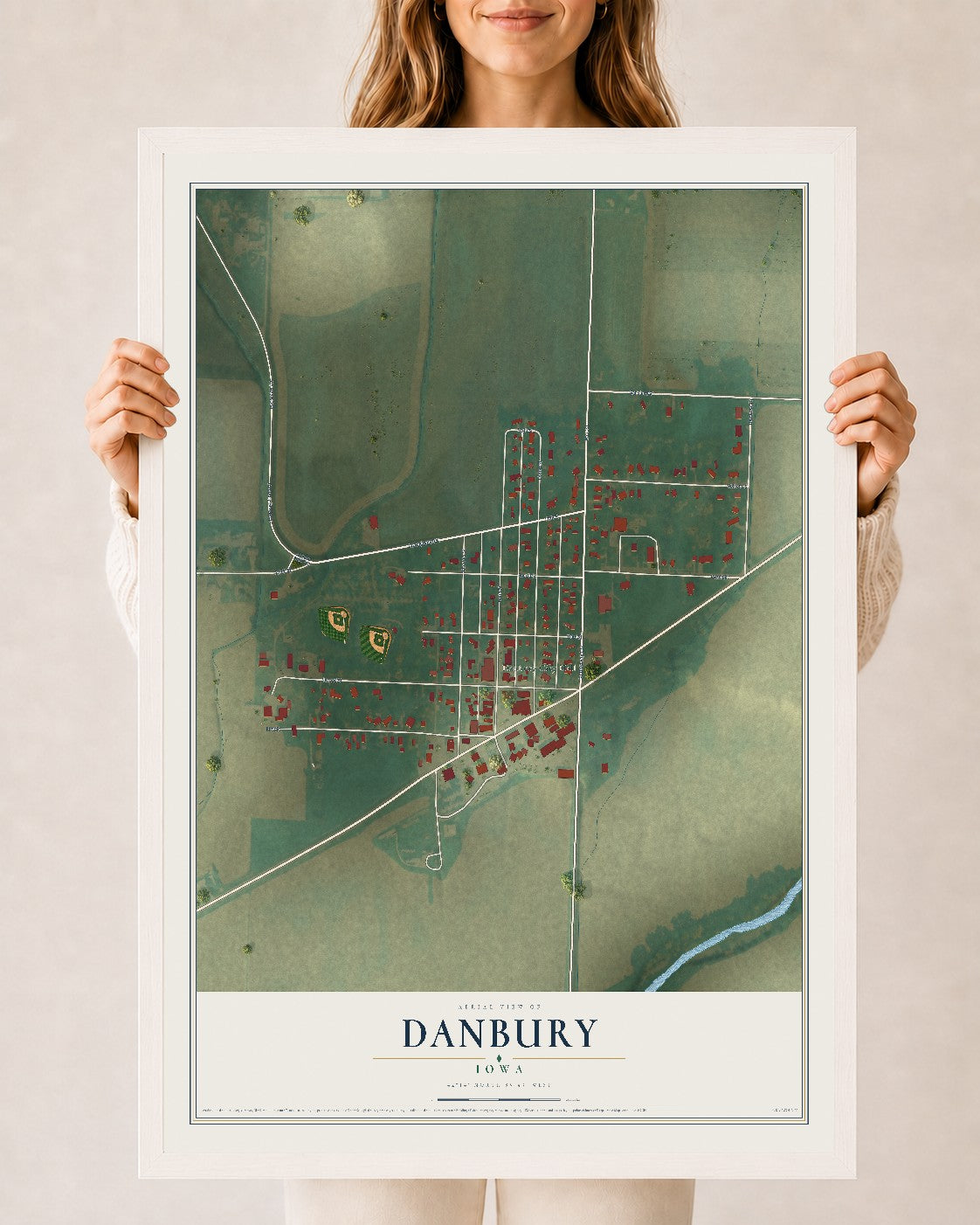 Map of Danbury, Iowa, 24 x 36 inch print in a white wood frame