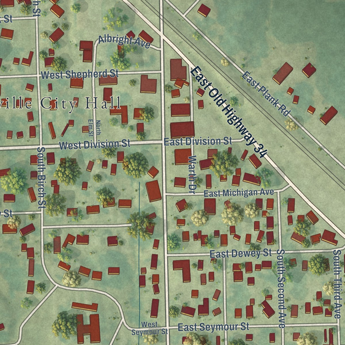 Close-up of the map of Danville, Iowa print showing street and building detail