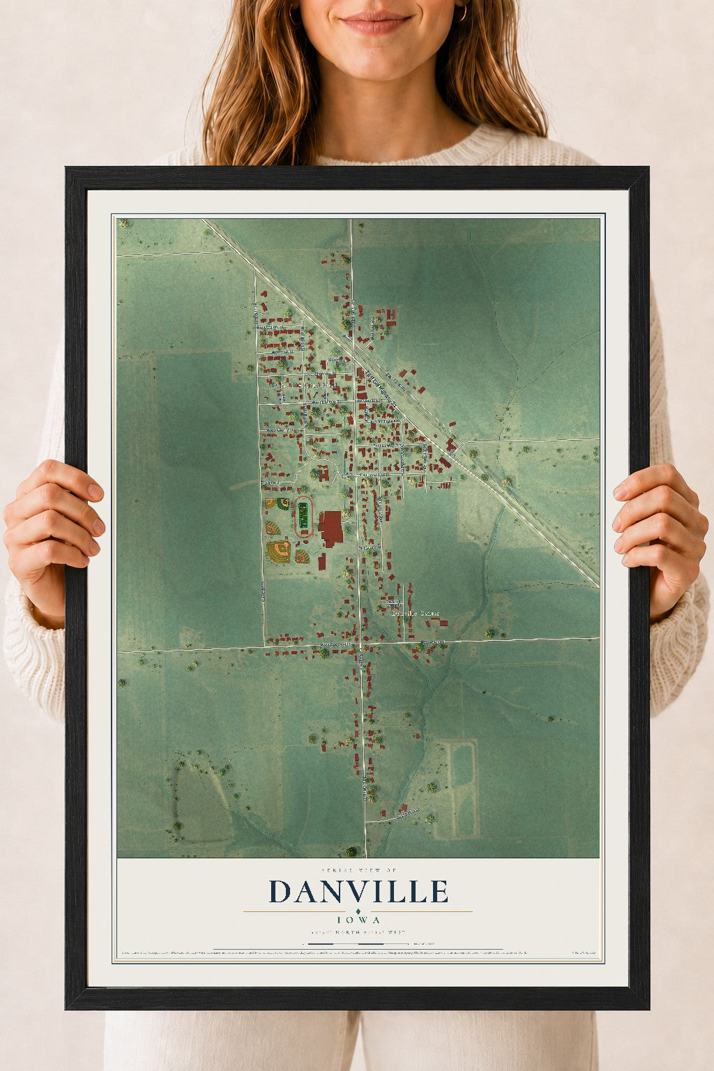 Map of Danville, Iowa, 18 x 24 inch print in a black wood frame