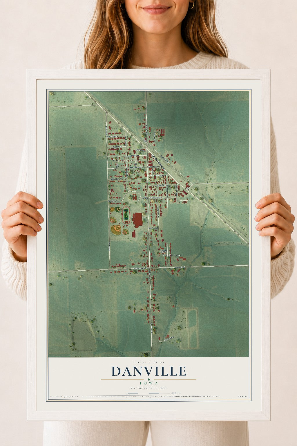 Map of Danville, Iowa, 18 x 24 inch print in a white wood frame