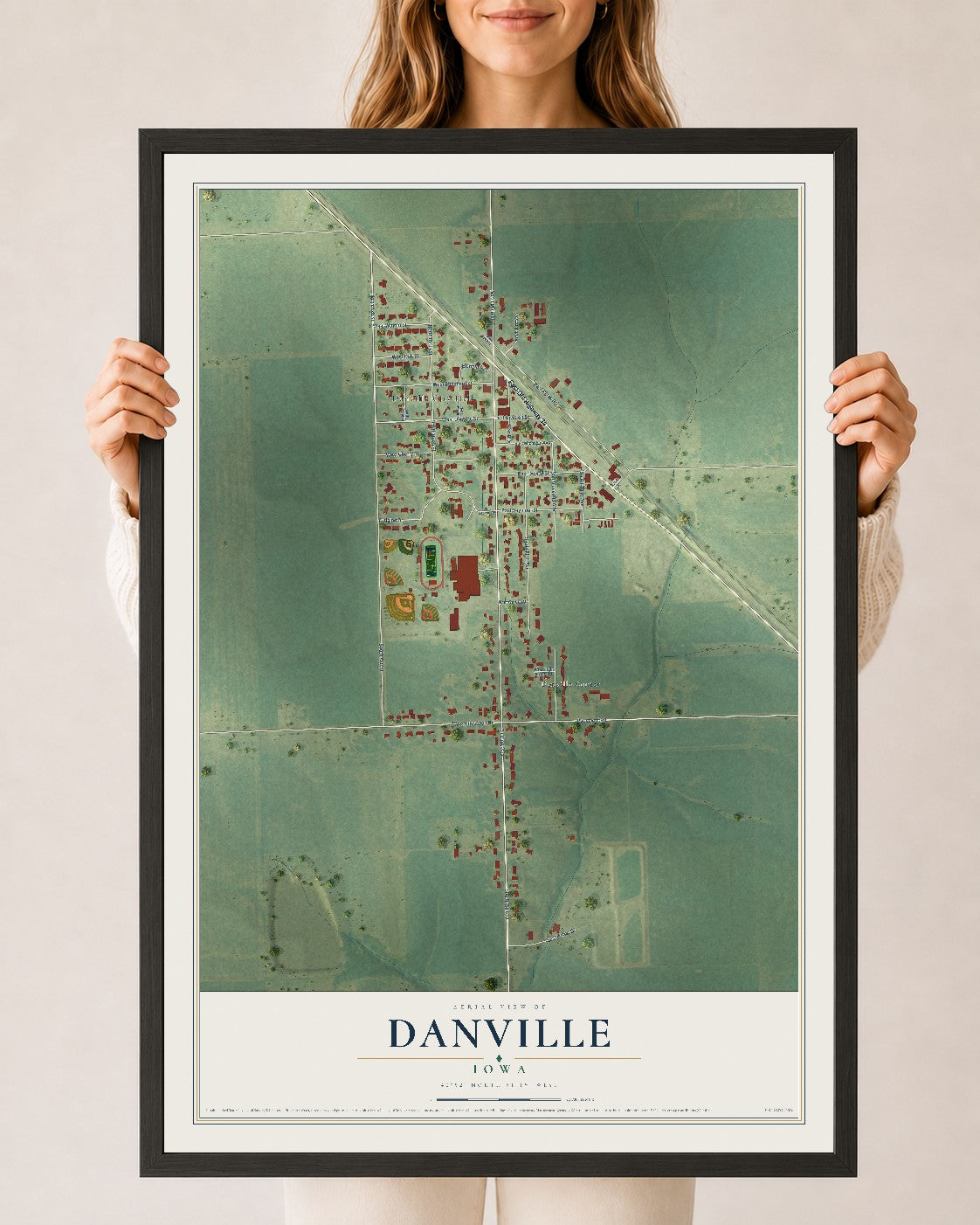 Map of Danville, Iowa, 24 x 36 inch print in a black wood frame