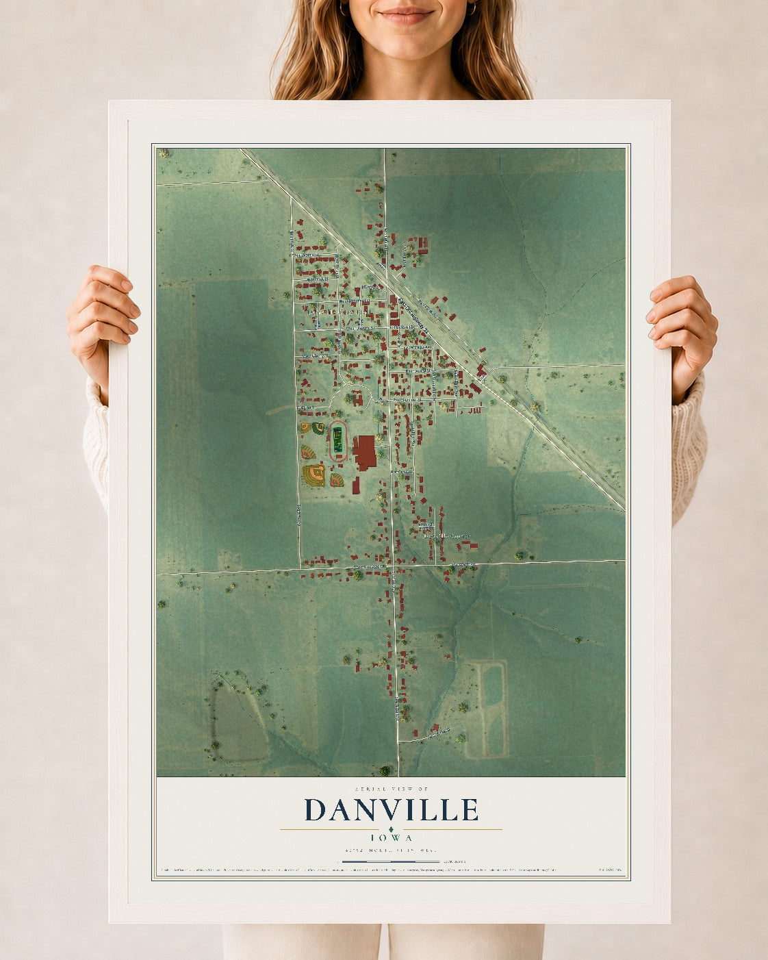 Map of Danville, Iowa, 24 x 36 inch print in a white wood frame