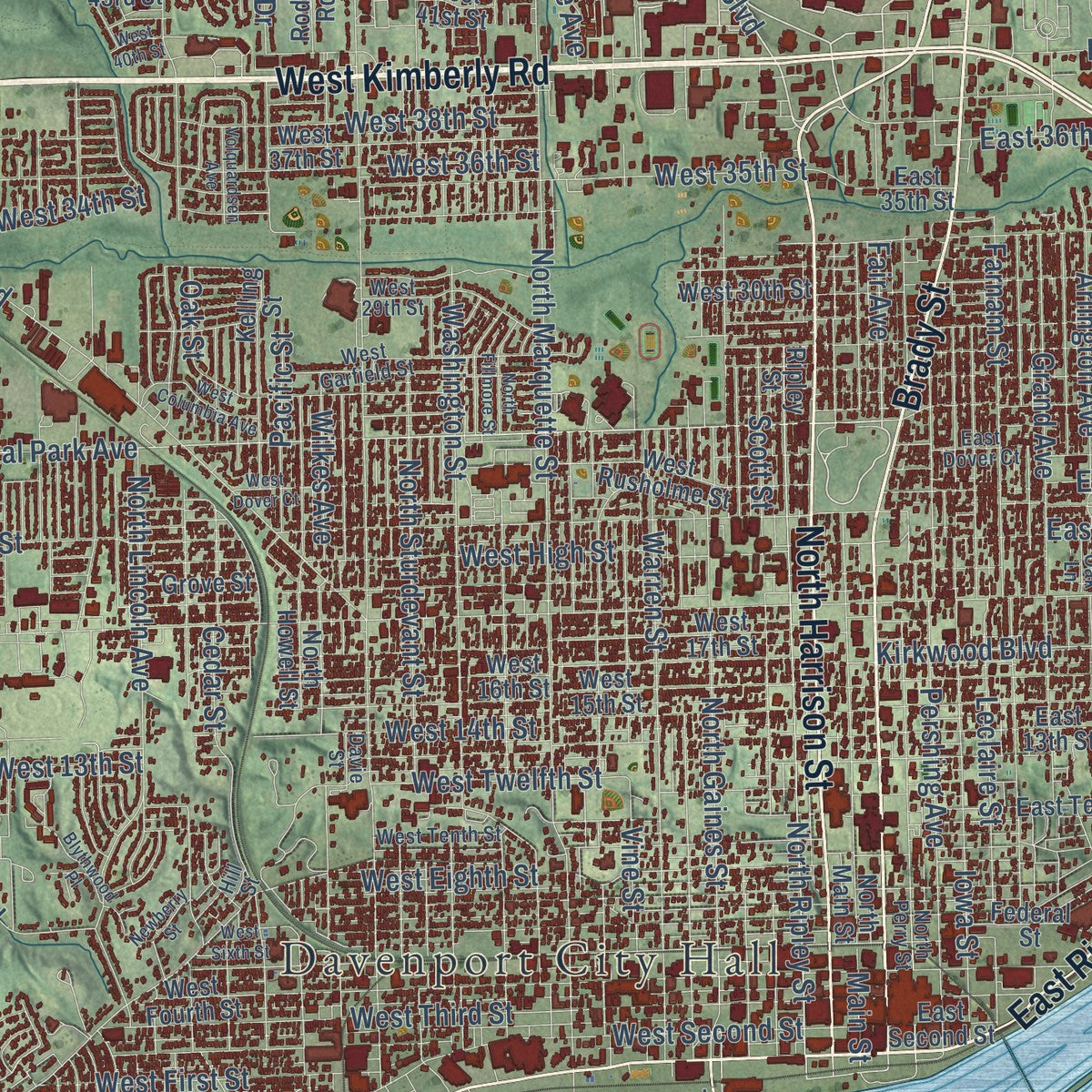 Close-up of the map of Davenport, Iowa print showing street and building detail