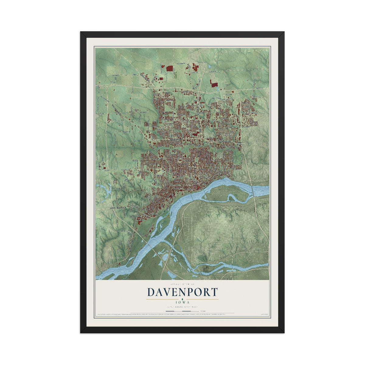 Map of Davenport, Iowa, 12 x 18 inch print in a black wood frame