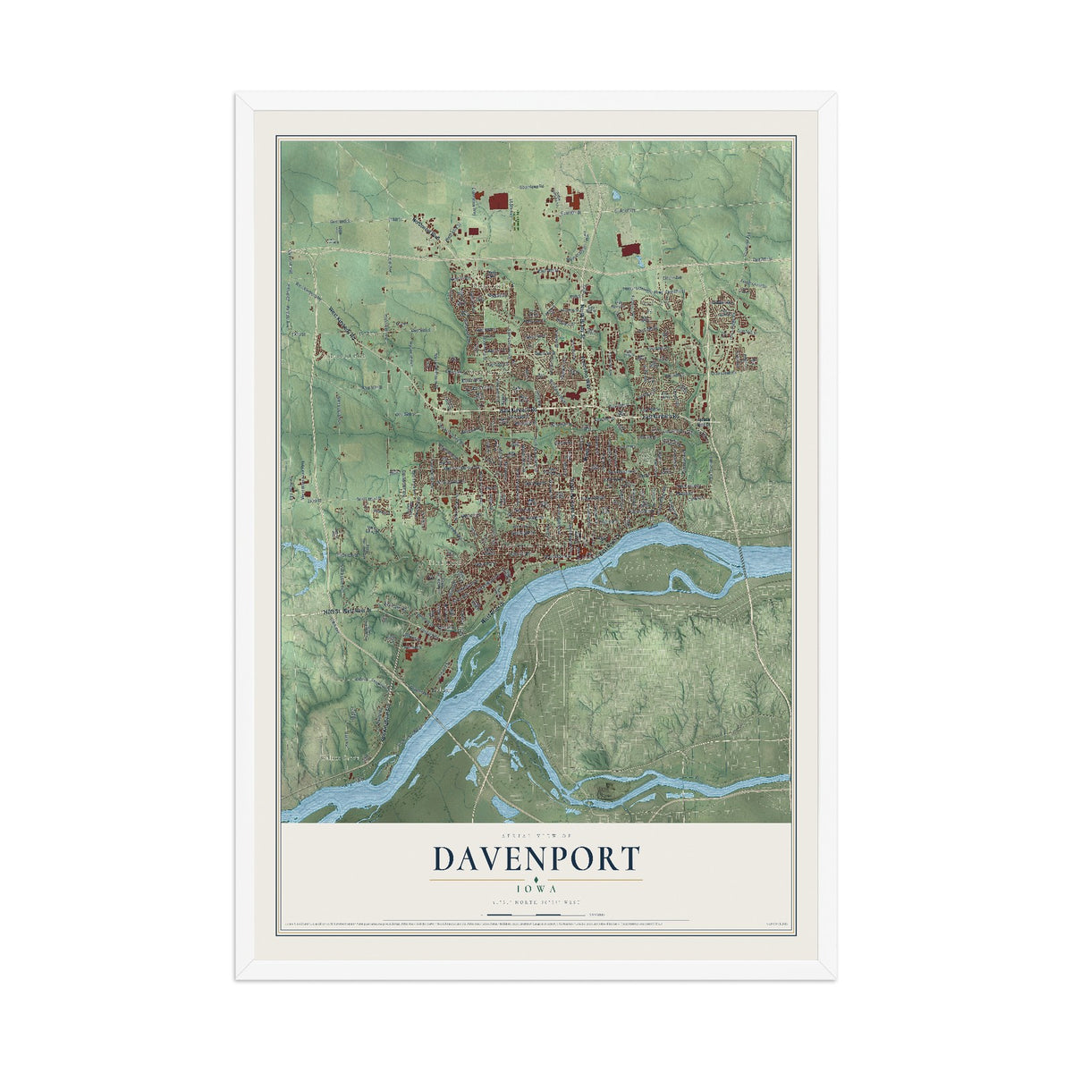 Map of Davenport, Iowa, 12 x 18 inch print in a white wood frame