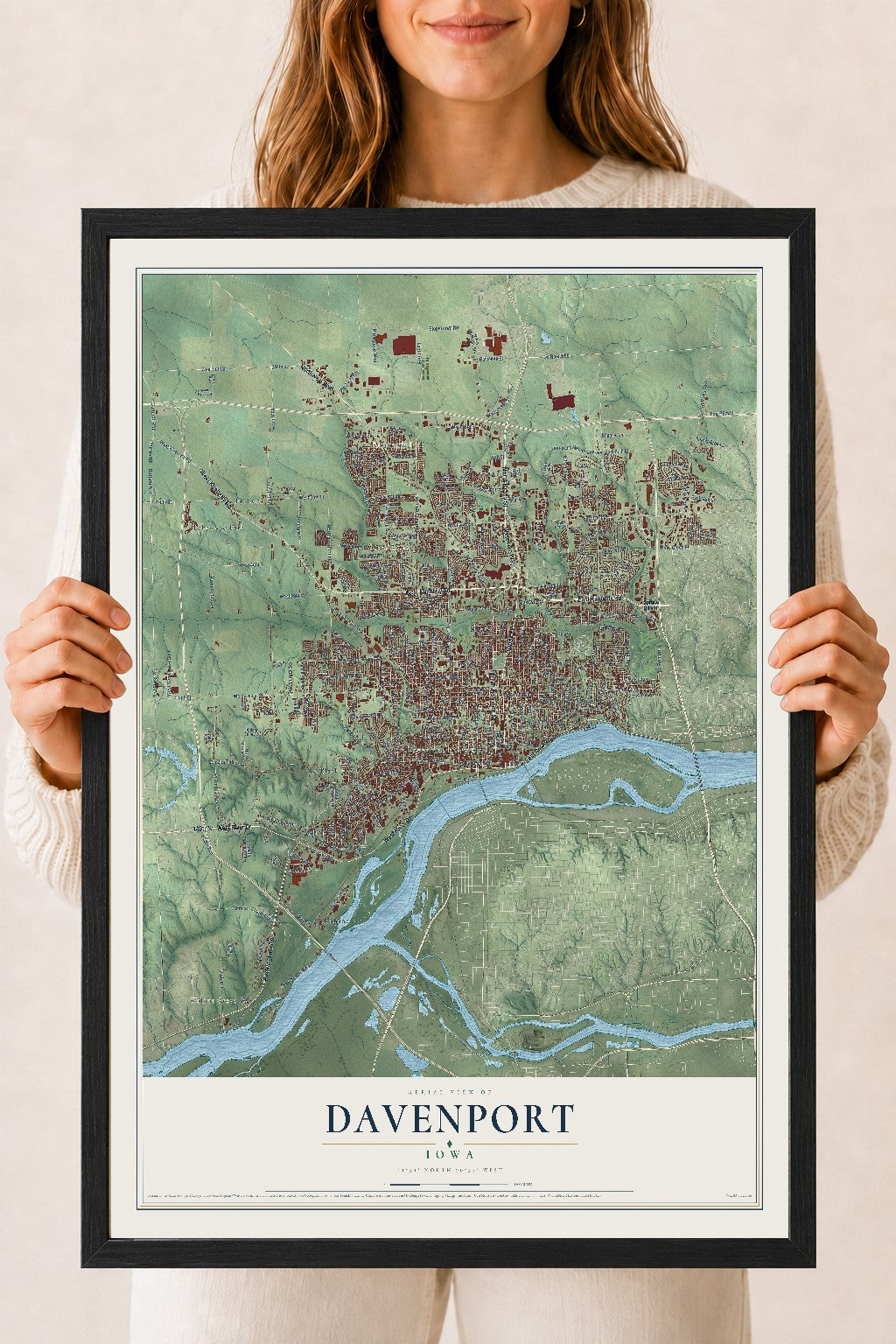 Map of Davenport, Iowa, 18 x 24 inch print in a black wood frame