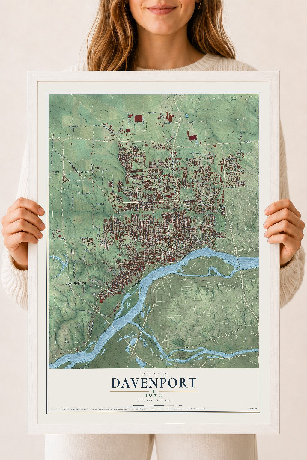Map of Davenport, Iowa, 18 x 24 inch print in a white wood frame