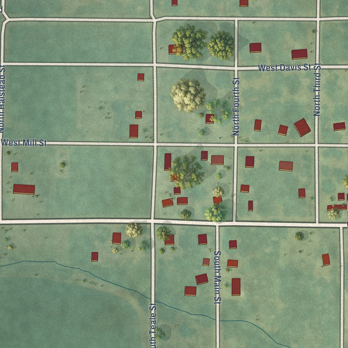 Second close-up of the map of Davis City, Iowa print showing more streets and buildings