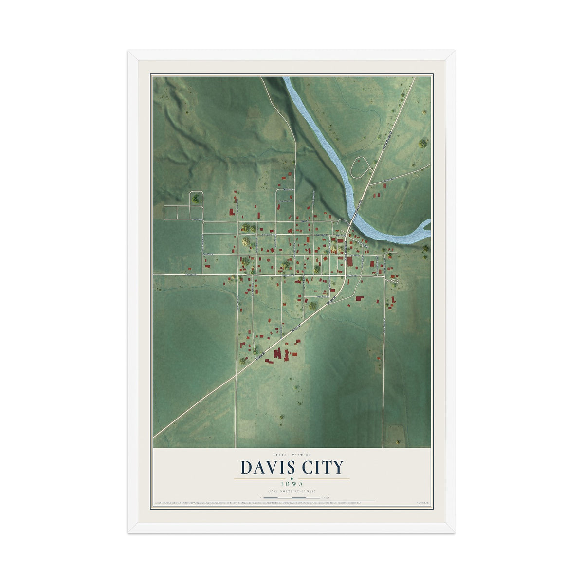Map of Davis City, Iowa, 12 x 18 inch print in a white wood frame