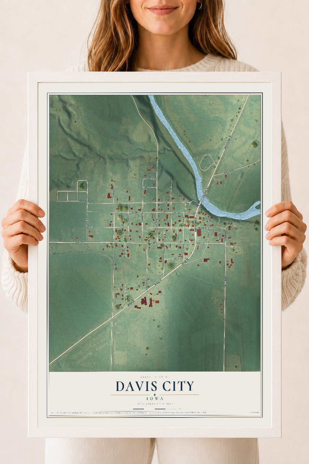 Map of Davis City, Iowa, 18 x 24 inch print in a white wood frame
