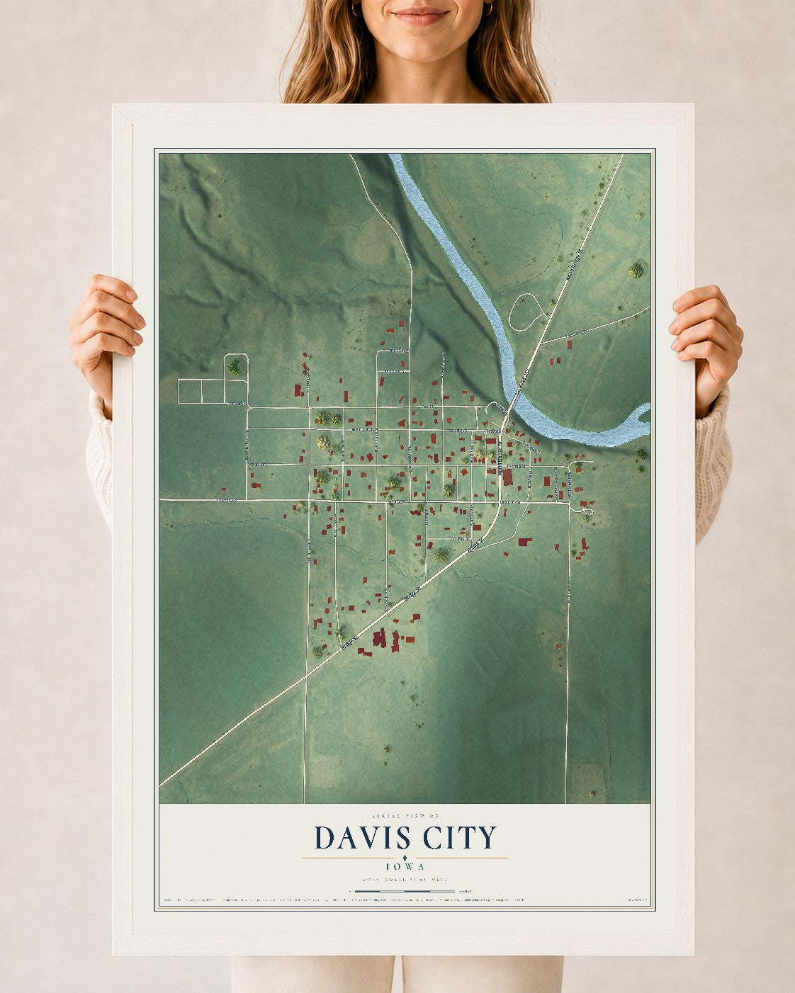 Map of Davis City, Iowa, 24 x 36 inch print in a white wood frame