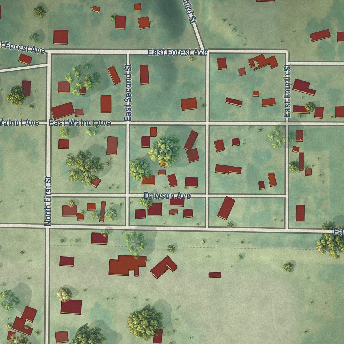 Close-up of the map of Dawson, Iowa print showing street and building detail