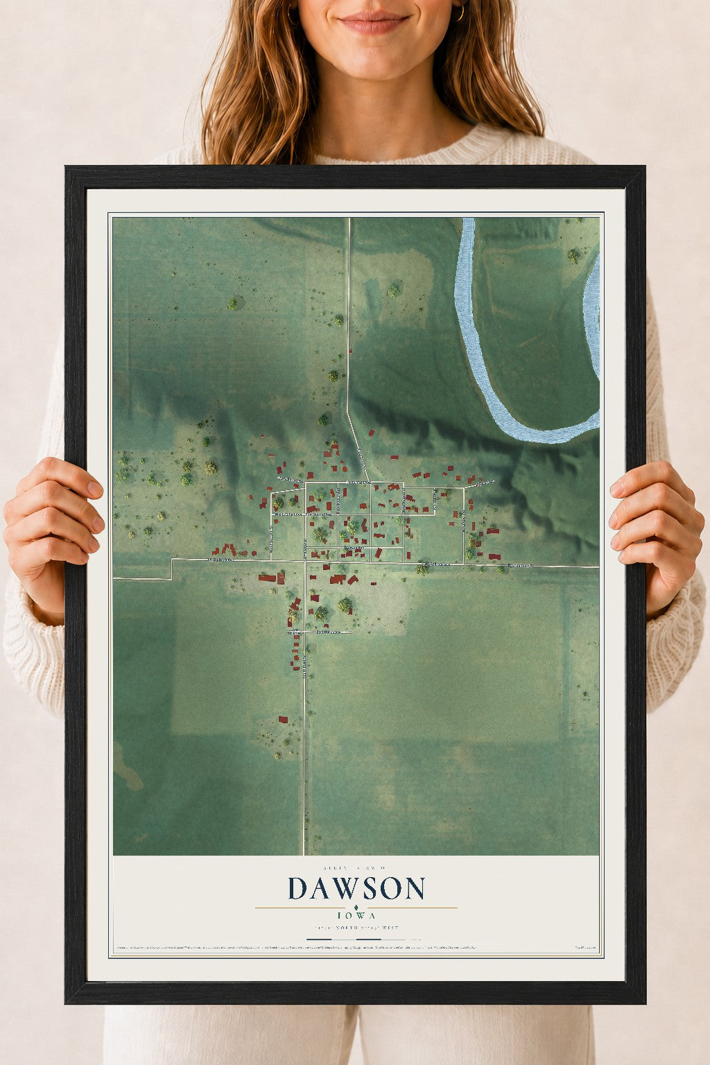 Map of Dawson, Iowa, 18 x 24 inch print in a black wood frame