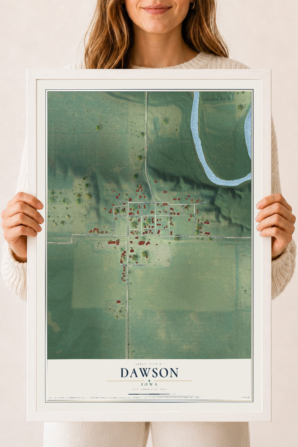 Map of Dawson, Iowa, 18 x 24 inch print in a white wood frame