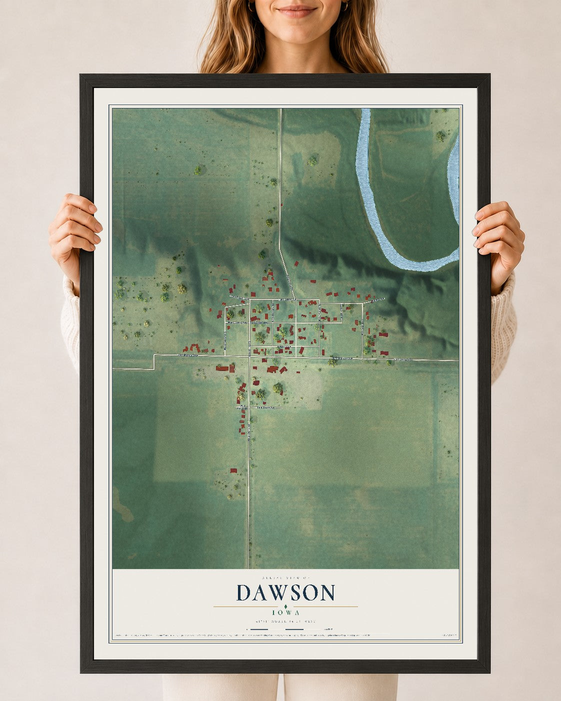 Map of Dawson, Iowa, 24 x 36 inch print in a black wood frame