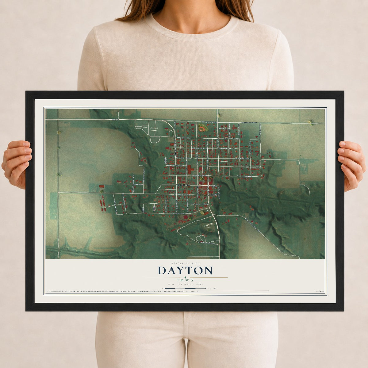 Map of Dayton, Iowa, 12 x 18 inch print in a black wood frame