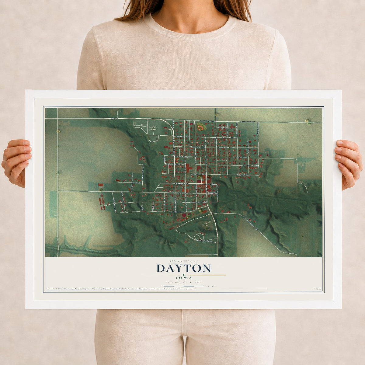 Map of Dayton, Iowa, 12 x 18 inch print in a white wood frame