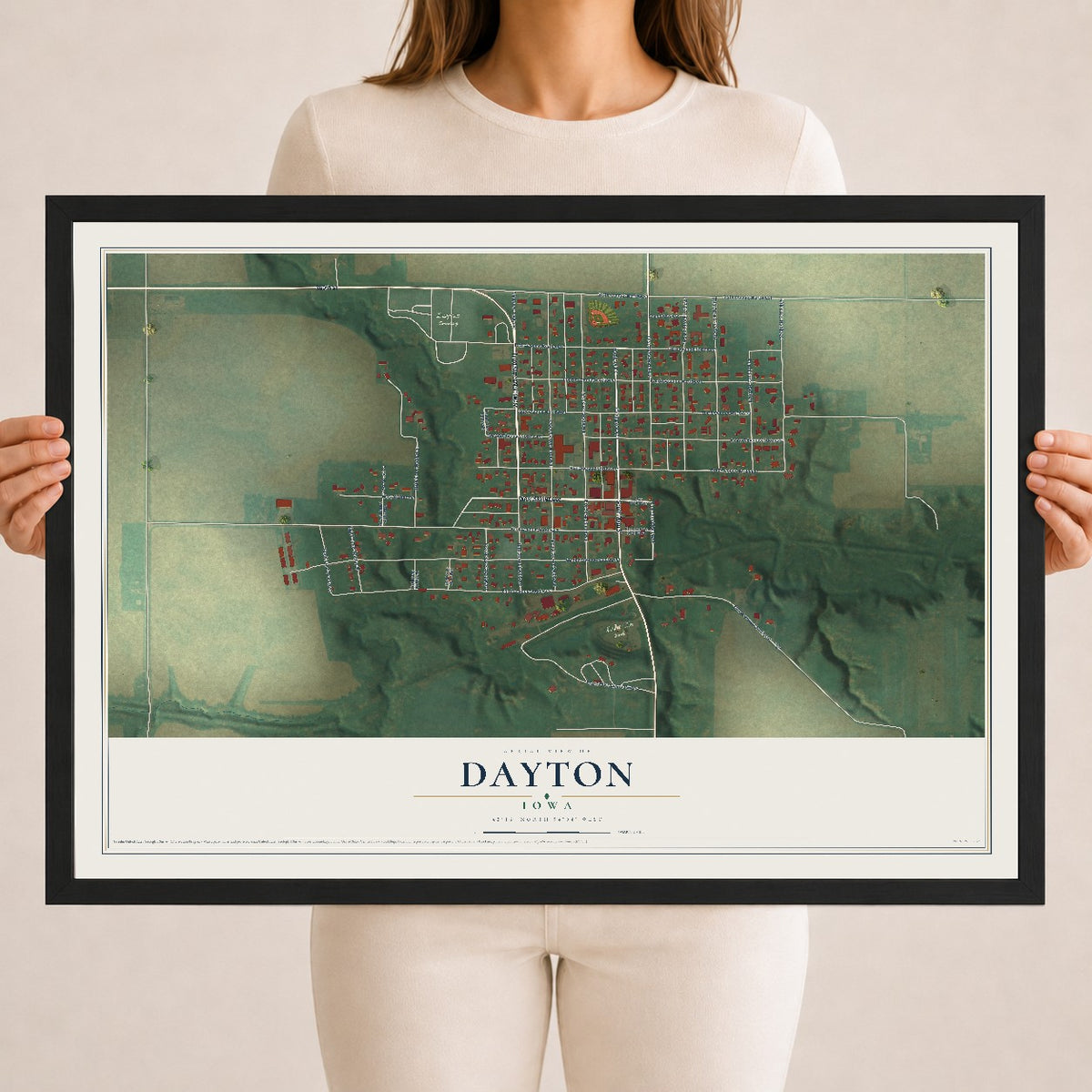 Map of Dayton, Iowa, 18 x 24 inch print in a black wood frame