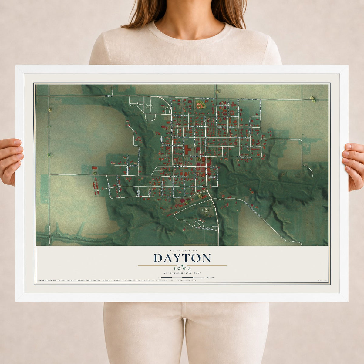 Map of Dayton, Iowa, 18 x 24 inch print in a white wood frame