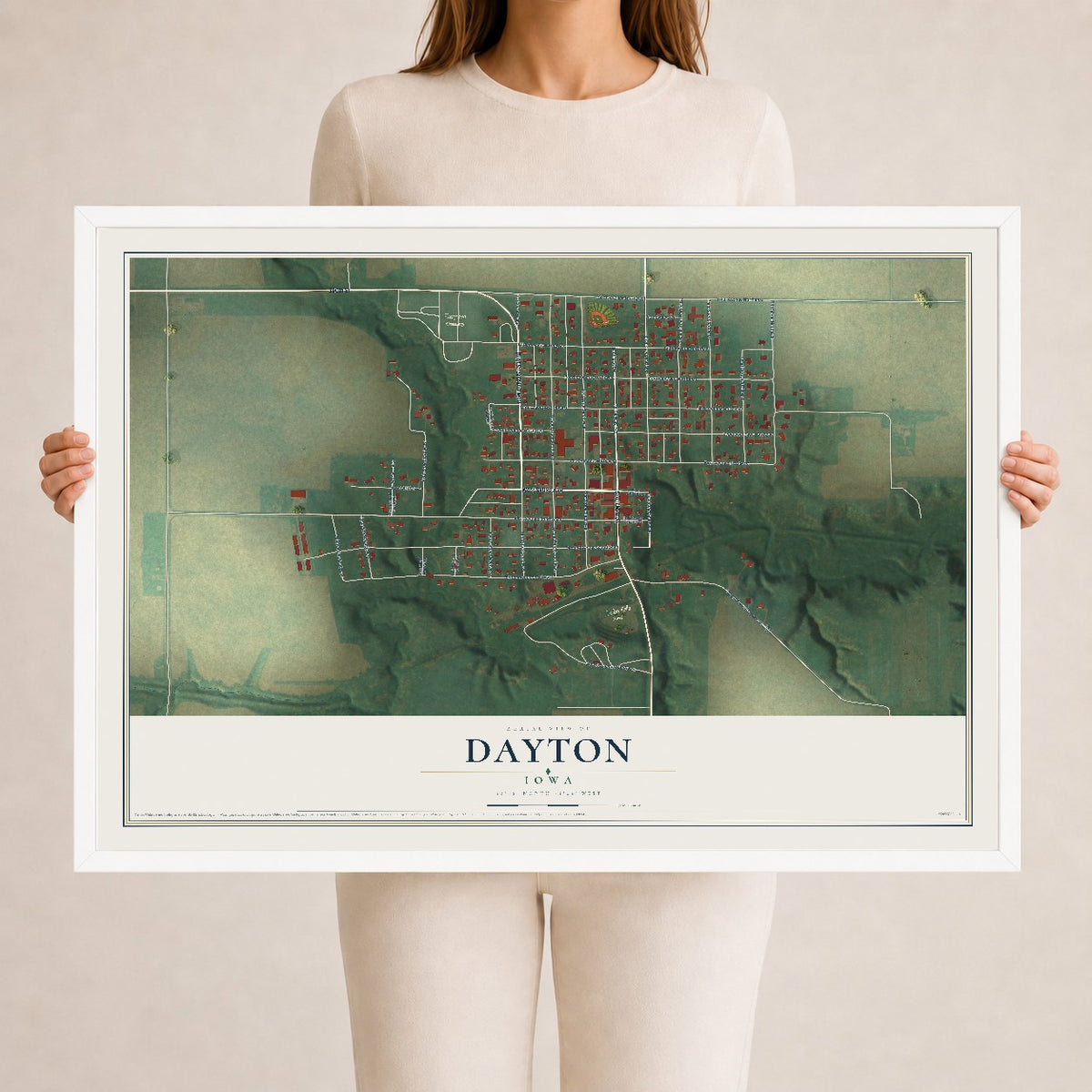 Map of Dayton, Iowa, 24 x 36 inch print in a white wood frame
