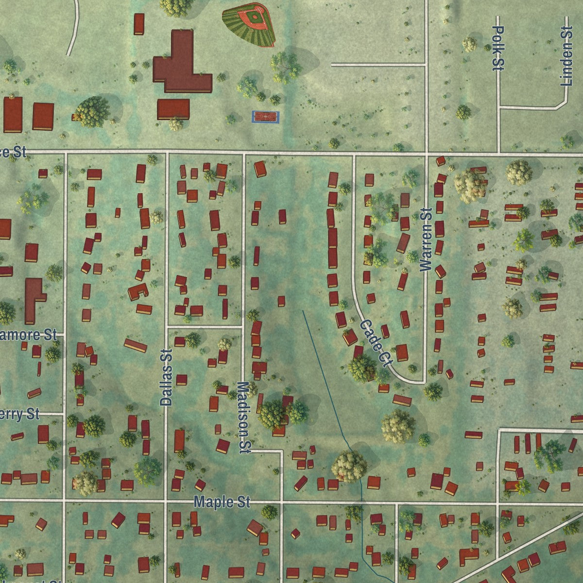 Close-up of the map of De Soto, Iowa print showing street and building detail