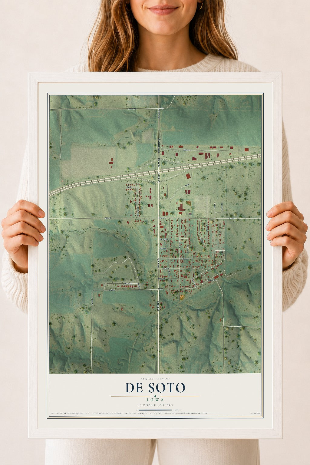 Map of De Soto, Iowa, 18 x 24 inch print in a white wood frame