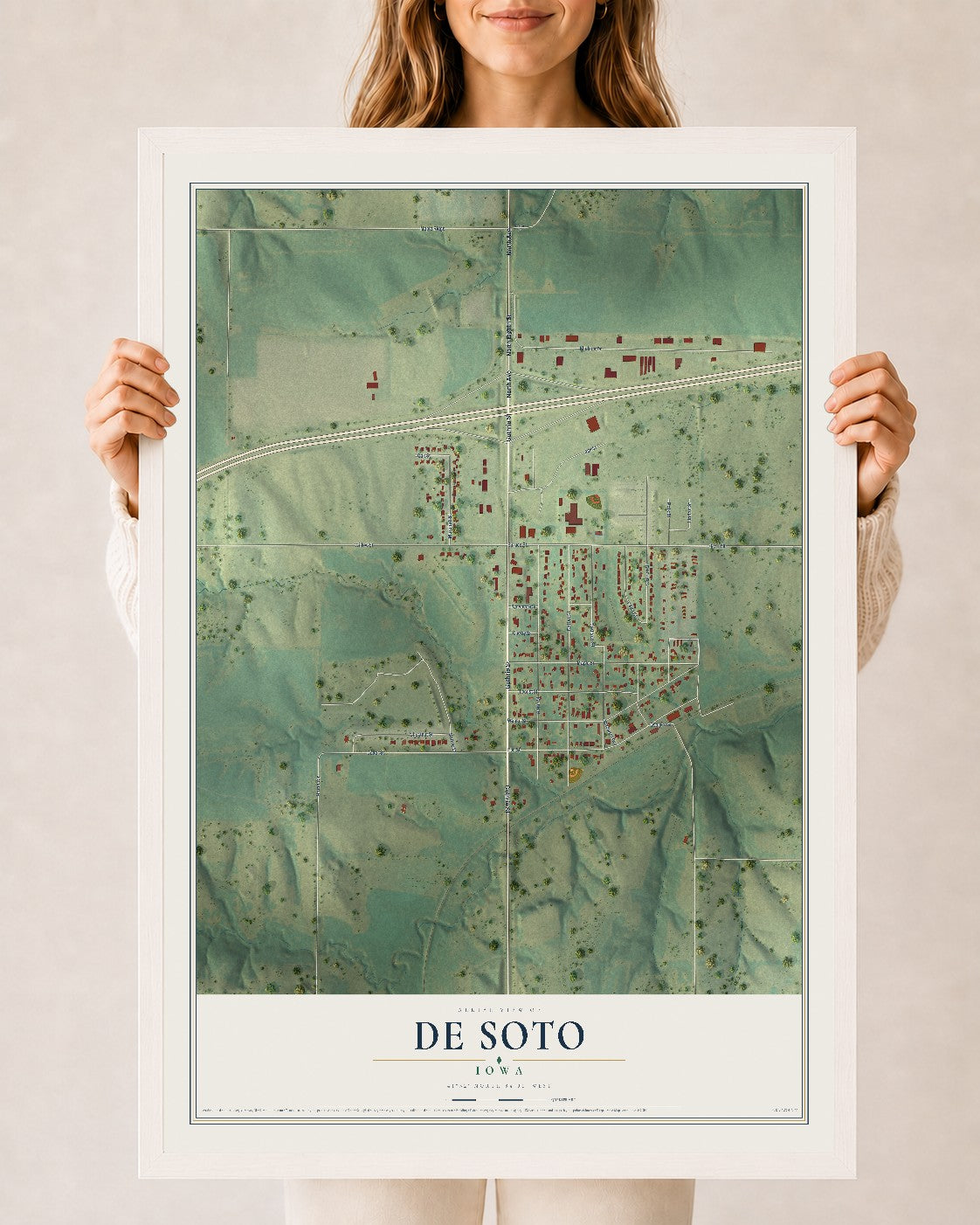 Map of De Soto, Iowa, 24 x 36 inch print in a white wood frame