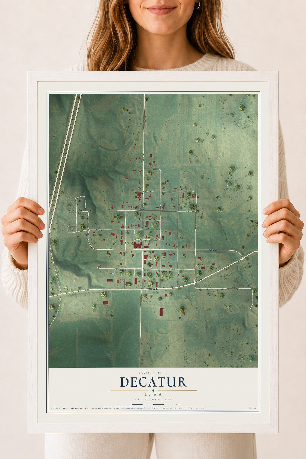 Map of Decatur, Iowa, 18 x 24 inch print in a white wood frame