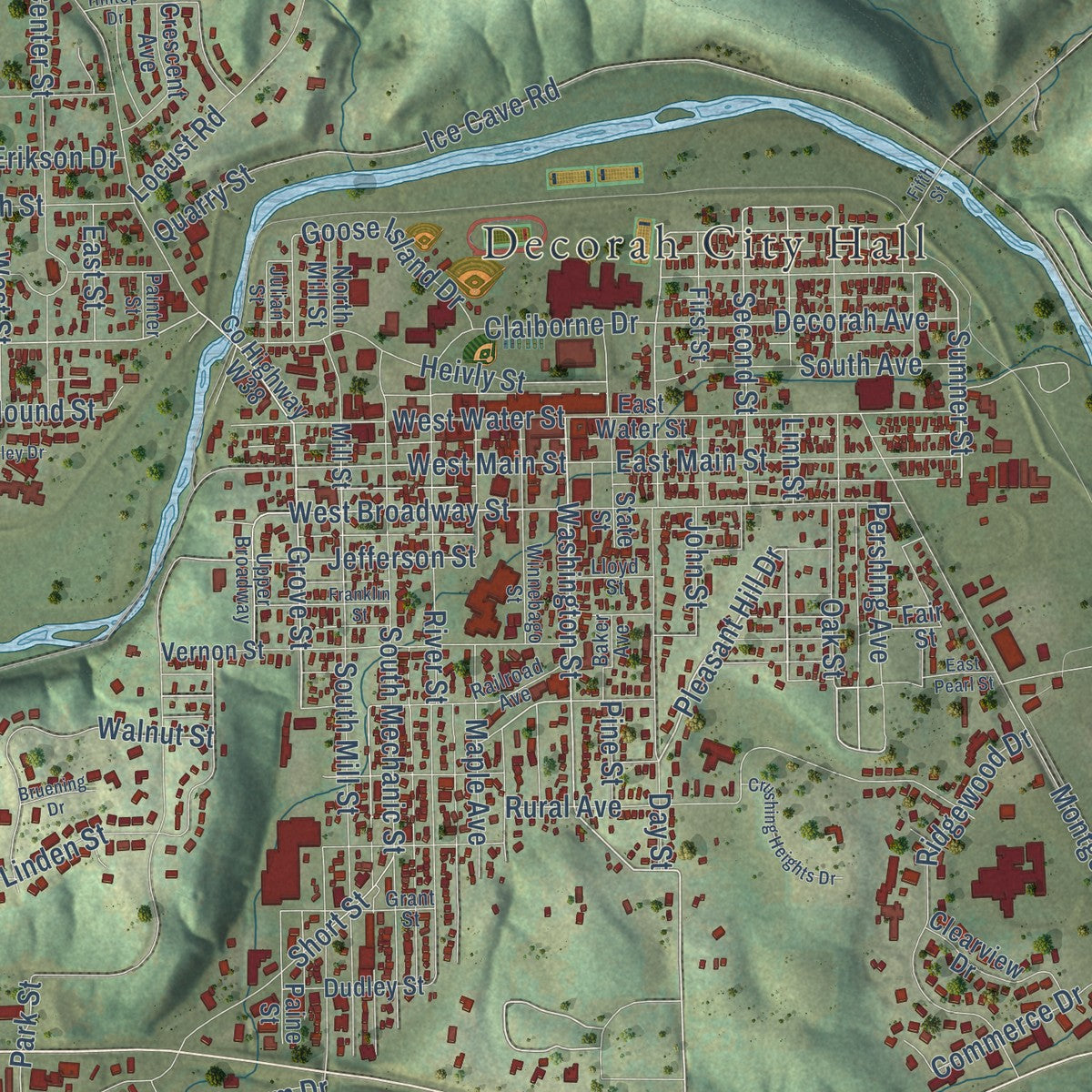 Close-up of the map of Decorah, Iowa print showing street and building detail