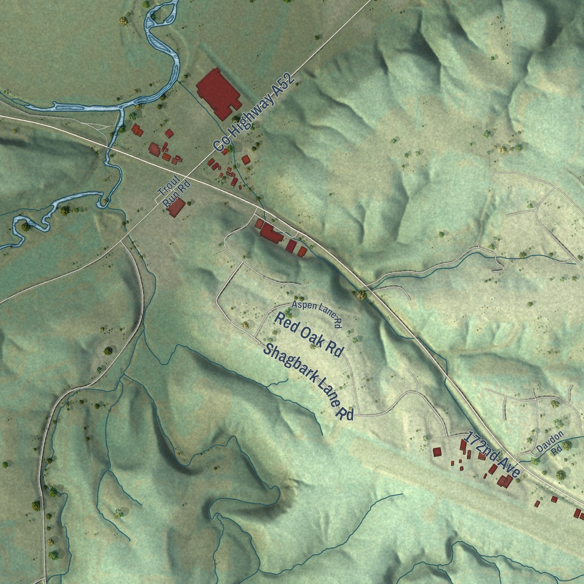 Second close-up of the map of Decorah, Iowa print showing more streets and buildings