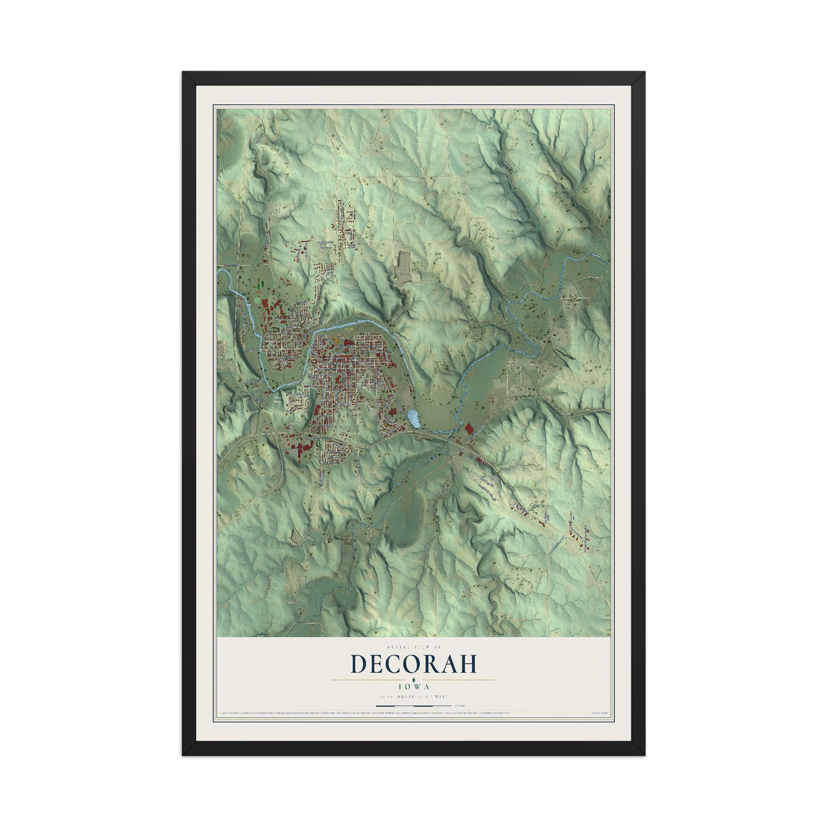 Map of Decorah, Iowa, 12 x 18 inch print in a black wood frame