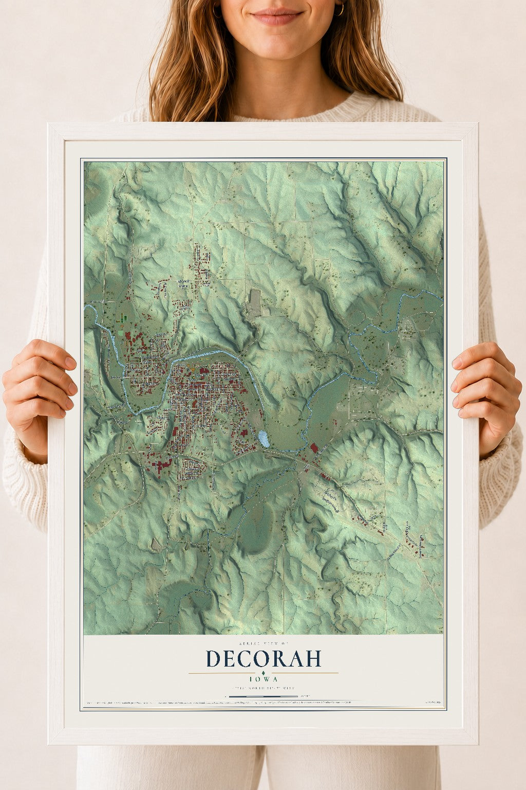 Map of Decorah, Iowa, 18 x 24 inch print in a white wood frame