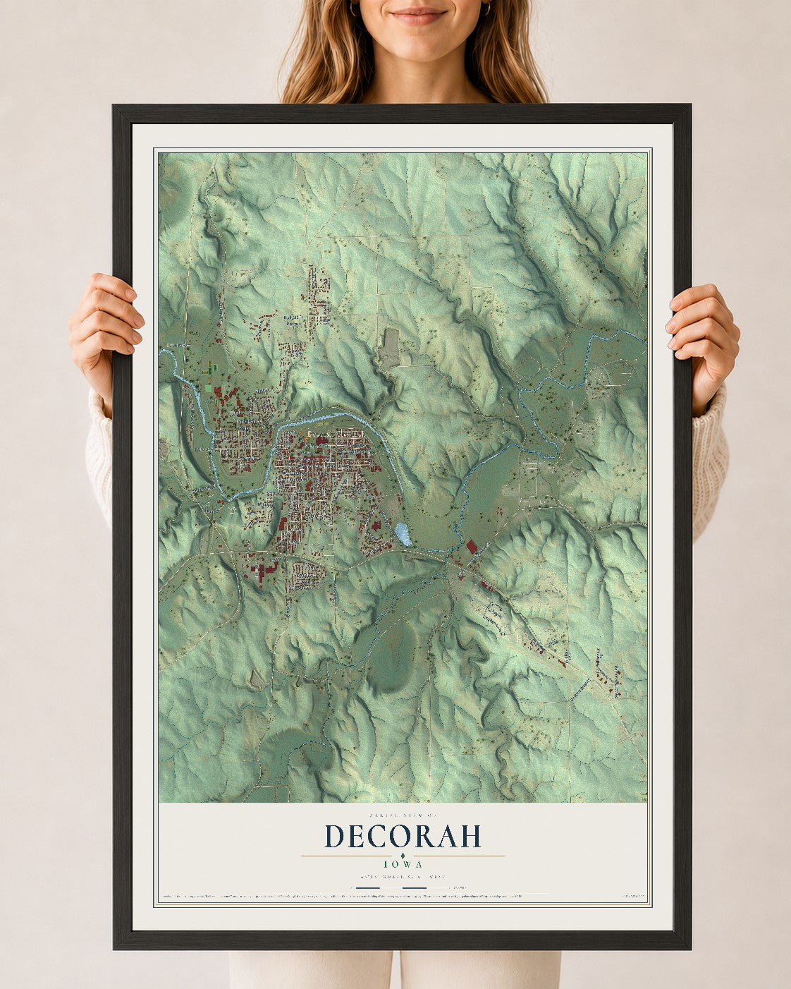 Map of Decorah, Iowa, 24 x 36 inch print in a black wood frame