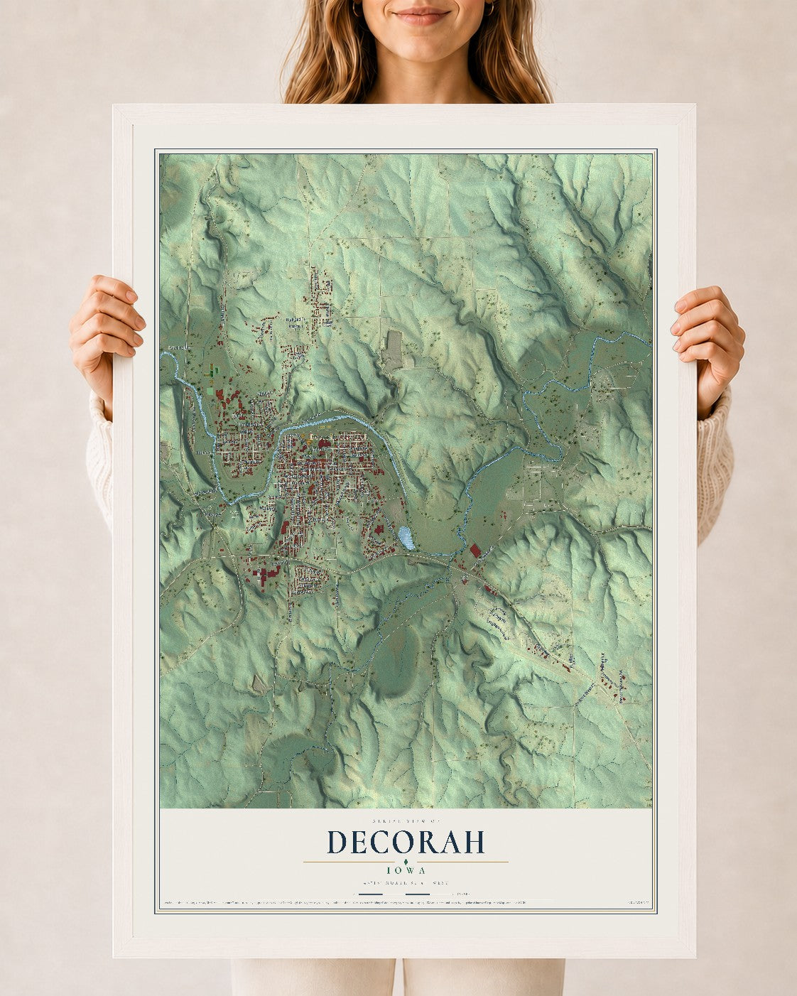 Map of Decorah, Iowa, 24 x 36 inch print in a white wood frame