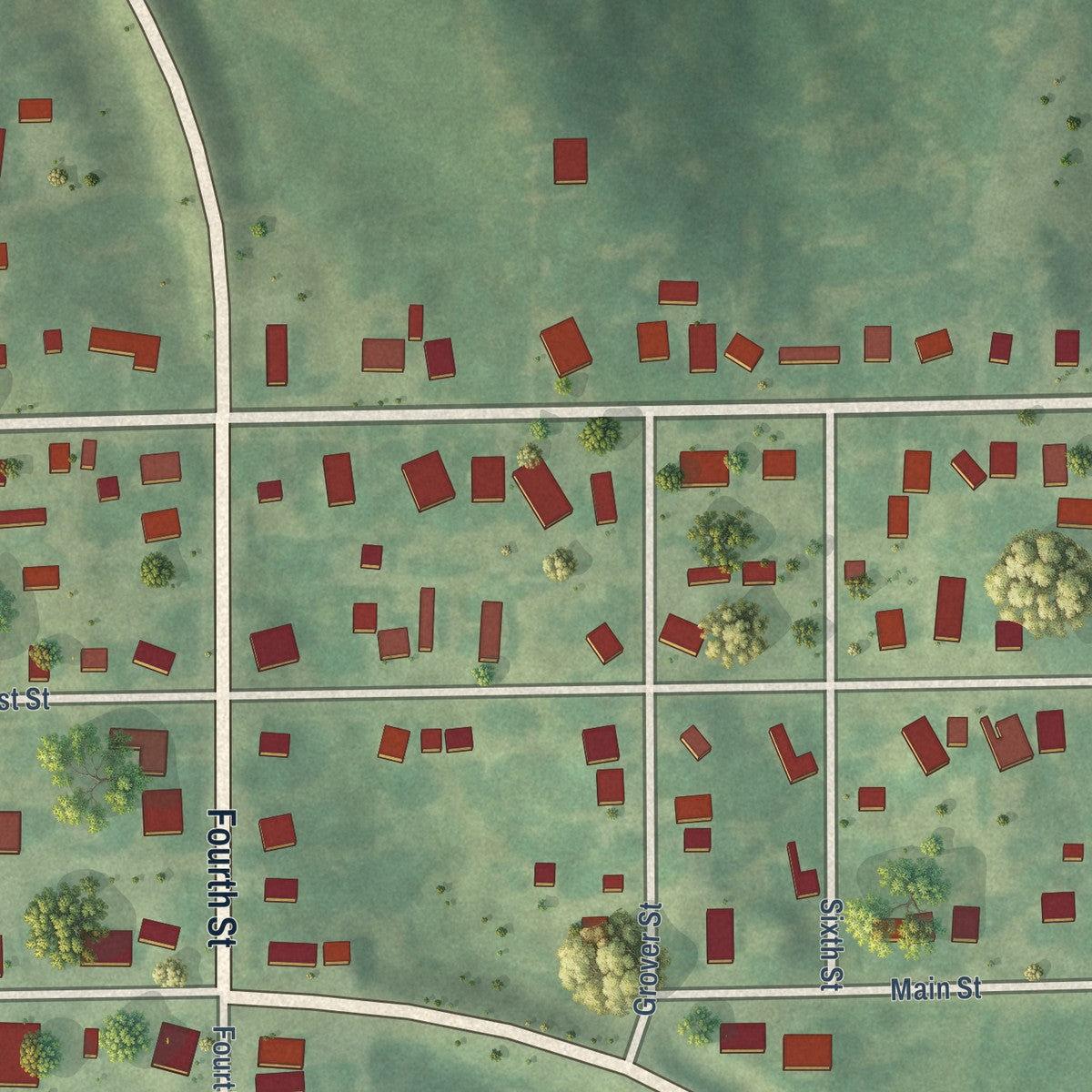Close-up of the map of Deep River, Iowa print showing street and building detail
