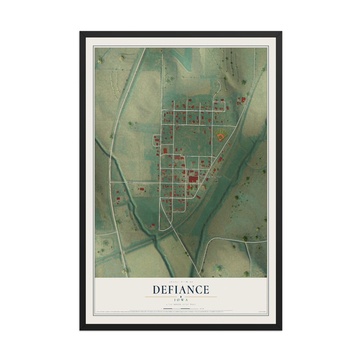 Map of Defiance, Iowa, 12 x 18 inch print in a black wood frame