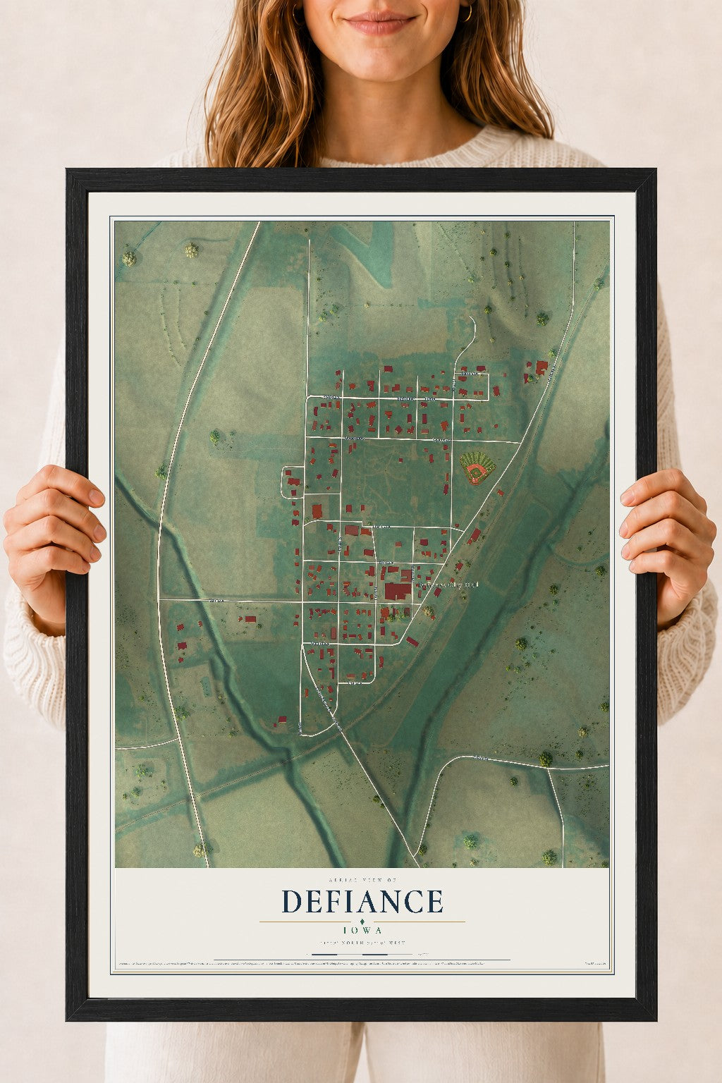 Map of Defiance, Iowa, 18 x 24 inch print in a black wood frame